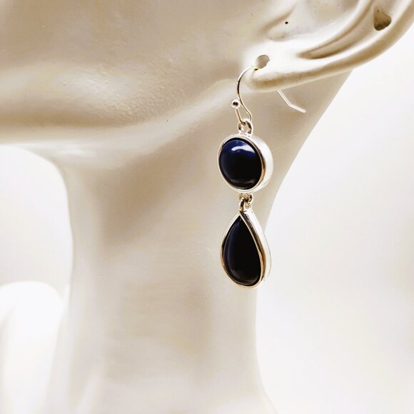 Liz Claiborne Two-tier Drop-Dangle Earrings Deep Navy Silver-tone Bezel - Picture 5 of 11